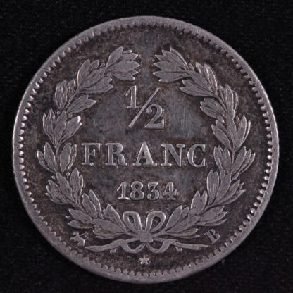 France 1834 B 1/2 Franc KM# 741.2 World Silver Coin