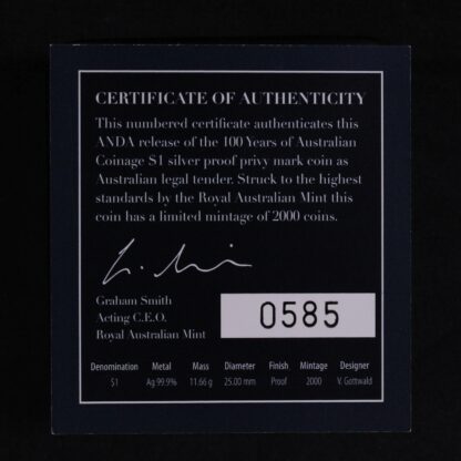 2010 $1 Silver Proof Coin ANDA Release 100 Years Australian Coinage 'P' Privy - Image 7
