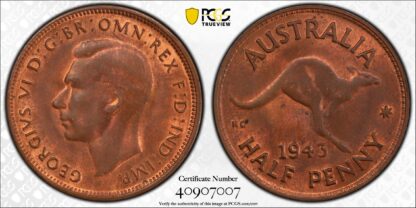 PCGS Graded MS64RB - Australia 1943(m) Halfpenny 1/2D Choice Uncirculated Coin - Image 3