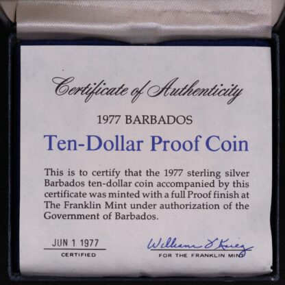 Barbados 1977 Ten Dollars $10 Sterling Silver Proof Coin KM# 17a - Franklin Mint - Image 3