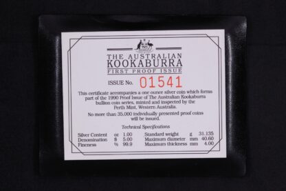 1990 Australian Kookaburra $5 First Proof Issue 1oz Silver Coin - Perth Mint - Image 3