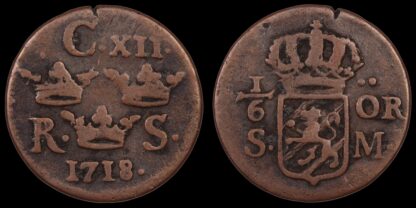 Sweden 1718 1/6 Ore KM# 334 Carl XII World Copper Coin