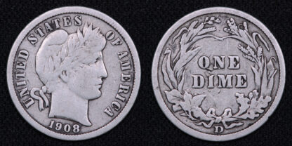 United States USA 1908-D Barber Dime 10C World Silver Coin
