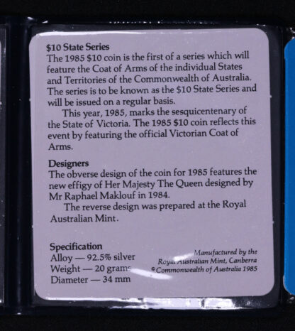 Australia 1985 Ten Dollars $10 Uncirculated Silver Coin - State Series Victoria - Image 4