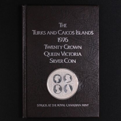 Turks & Caicos Islands 1976 20 Crown Queen Victoria Silver Proof Coin w/ Booklet