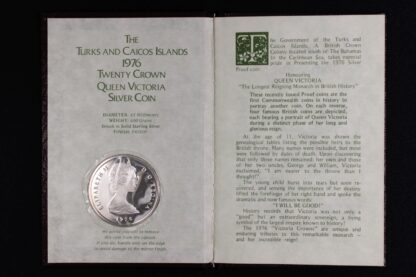 Turks & Caicos Islands 1976 20 Crown Queen Victoria Silver Proof Coin w/ Booklet - Image 2