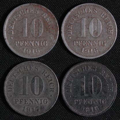 Lot of 4 Germany Empire 1916A 1916E 1916J 1917A 10 Pfennig WWI Issue Iron Coins