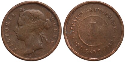 Lot of 3 Straits Settlements 1 Cent 1862 & 1889 x2 Queen Victoria Coins - Image 3