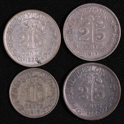 Lot of 4 Ceylon 10 Cents 1917 & 25 Cents 1917 1920B & 1922 George V Silver Coins