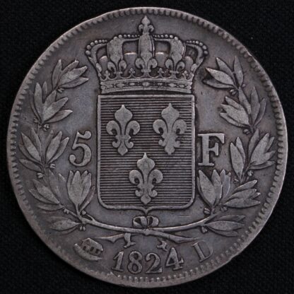 France 1824-D 5 Francs Louis XVIII Lyon Mint KM#711.4 World Silver Coin - Image 3