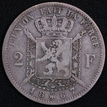 Belgium 1867 2 Francs Leopold II French Legend KM#30.1 World Silver Coin - Image 3