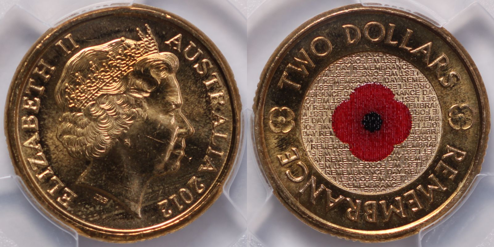 Pcgs Graded Ms65 Australia 2012 Remembrance Day Coloured $2 Coin Red 