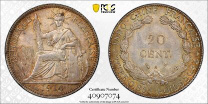 PCGS Graded MS63 French Indochina 1914A 20 Centimes 20C Uncirculated Silver Coin - Image 3