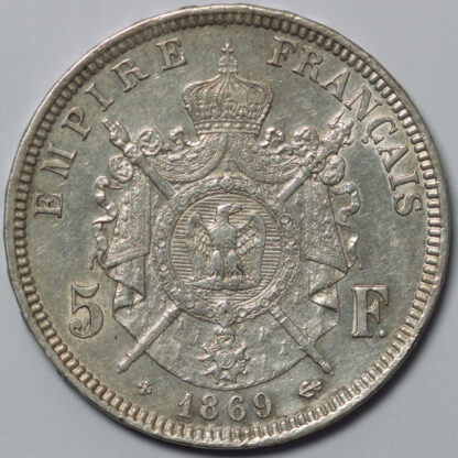 France 1869-BB 5 Francs Napoleon III KM#799.2 Strasbourg Mint World Silver Coin - Image 3