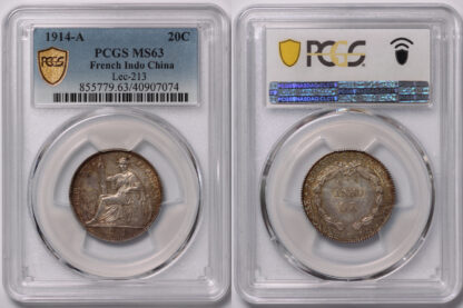PCGS Graded MS63 French Indochina 1914A 20 Centimes 20C Uncirculated Silver Coin - Image 2