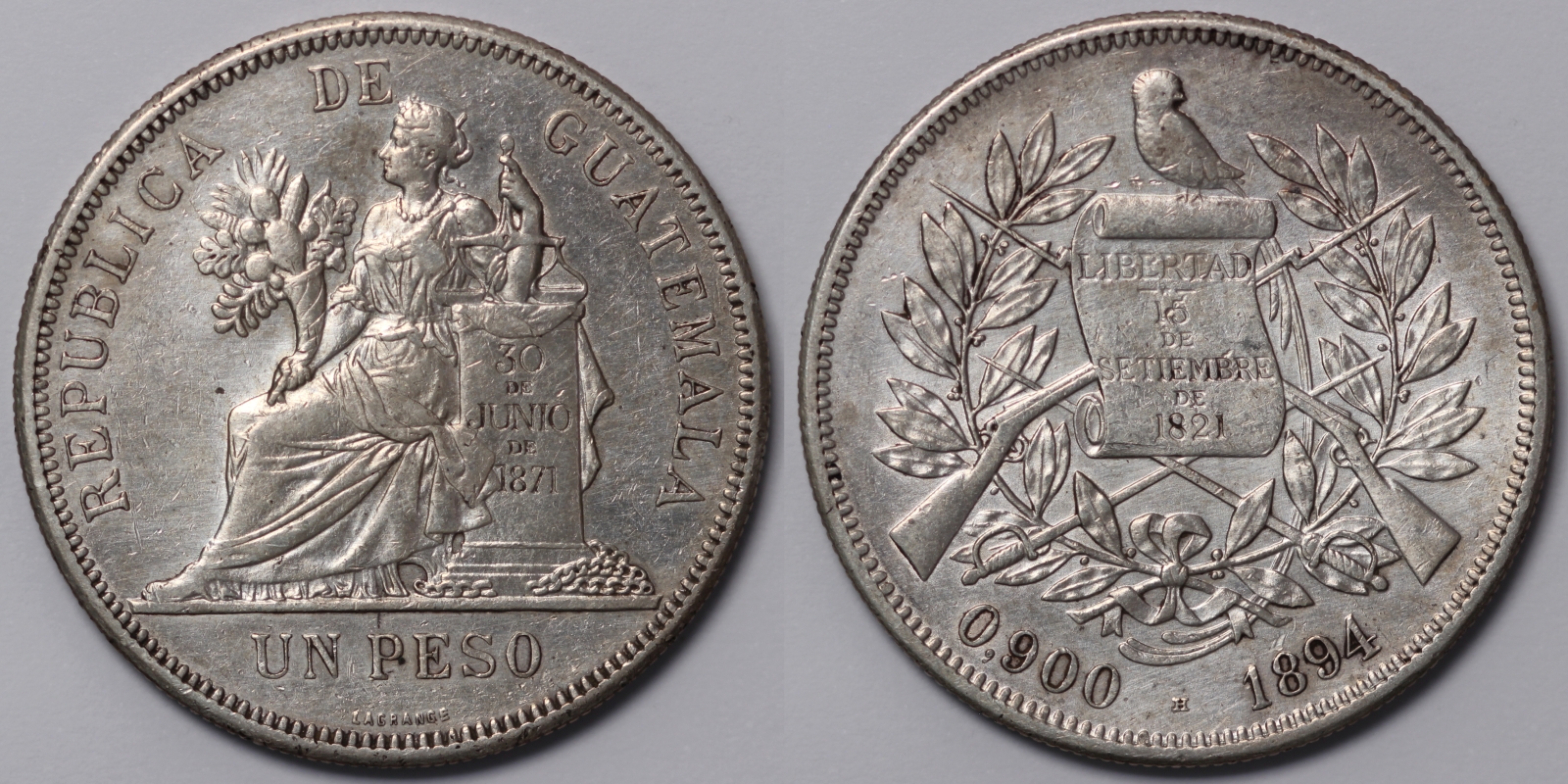 Guatemala 1894-H 1 Peso Heaton Mint KM-210 World Silver Coin - Imperial ...