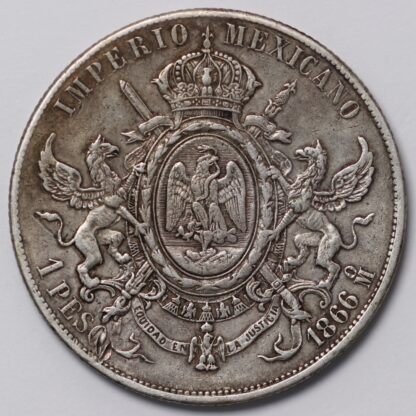 Mexico 1866-Mo Peso Empire of Maximilian KM-388.1 World Silver Coin - Image 3