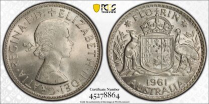 PCGS Graded MS64 Australia 1961 Florin Elizabeth II Uncirculated Silver Coin - Image 3