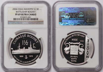 NGC PF69UCAM France Mayotte 2004 1.5 Euro Essai Battleship Bouvet Silver Coin - Image 2