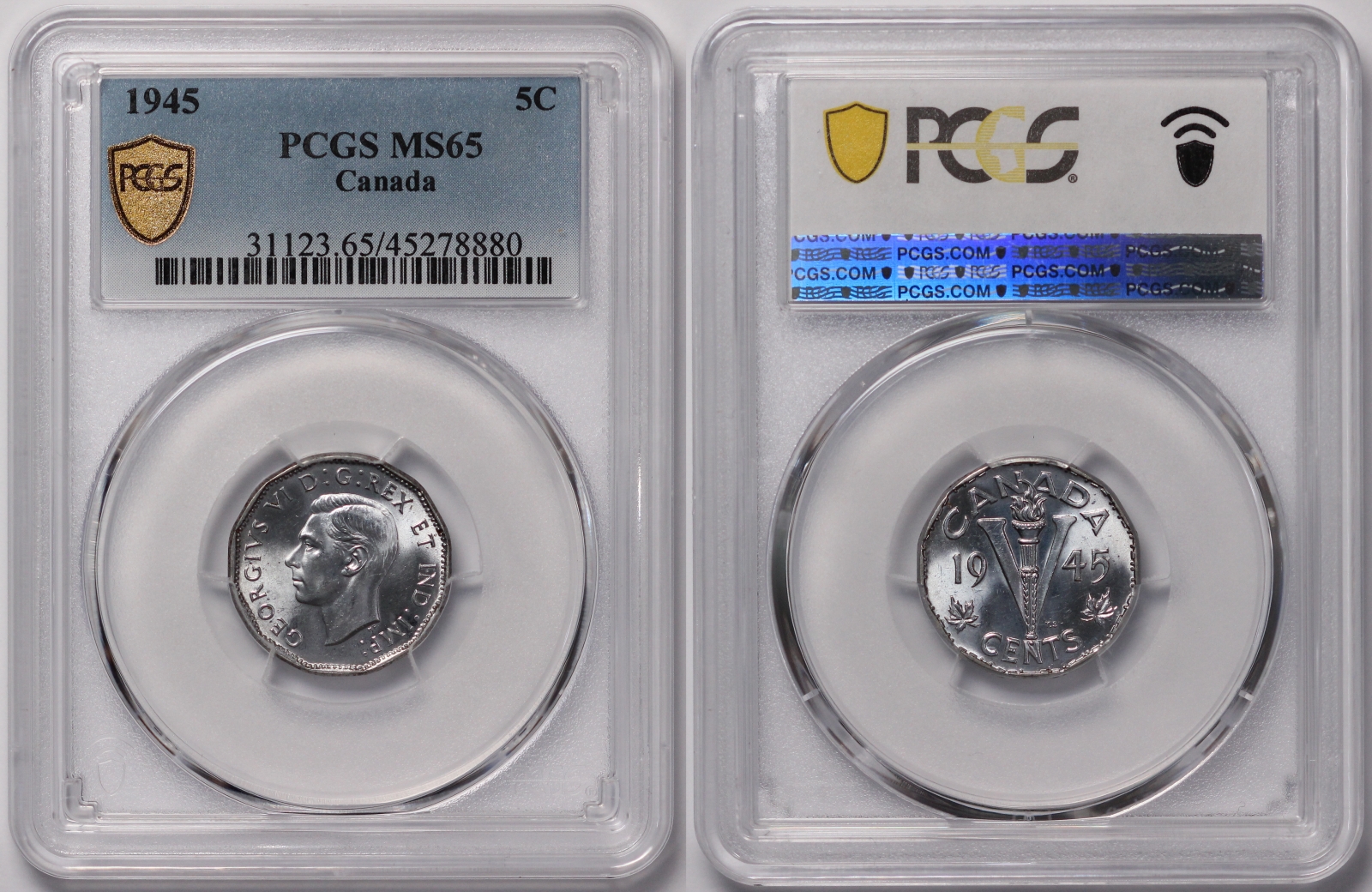 PCGS Graded MS65 Canada 1945 Five Cents 5C Victory George VI Uncirculated Coin - Image 2