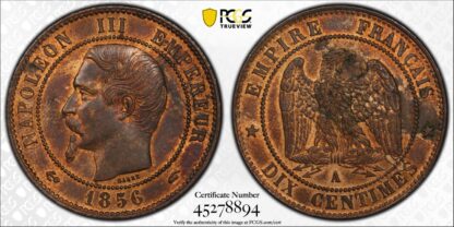 PCGS Graded MS62RB France 1856-A 10 Centimes Napoleon III Uncirculated Coin - Image 3