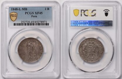 PCGS Graded XF45 Peru 1848-L MB 2 Reales Lima Mint Silver Coin - Rare - Image 2