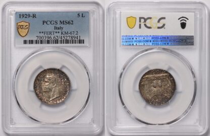 PCGS Graded MS62 Italy 1929-R 5 Lire **FERT** KM-67.2 Uncirculated Silver Coin - Image 2