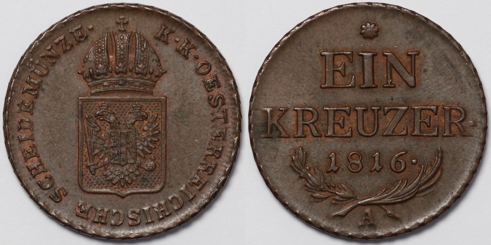 Austria 1816 A 1 Kreuzer Km 2113 World Copper Coin Imperial Numismatics