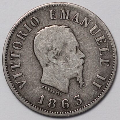 Italy 1863-M BN 50 Centesimi Milan Mint Shield Reverse Silver Coin Scarce Type - Image 2