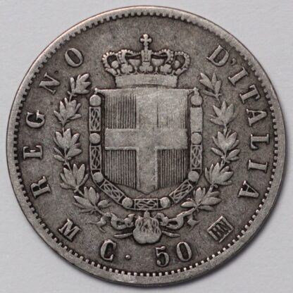 Italy 1863-M BN 50 Centesimi Milan Mint Shield Reverse Silver Coin Scarce Type - Image 3