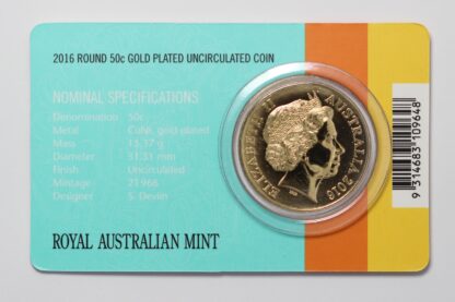 Australia 2016 Round 50 Cent Gold Plated Uncirculated Coin 50th Anniv of Decimal - Image 2