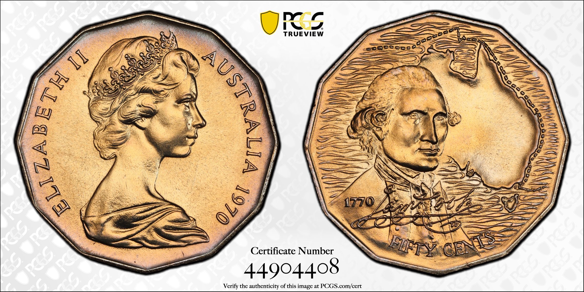 PCGS Graded MS68 Australia 1970 Captain Cook Fifty Cents 50C Uncirculated Coin Imperial