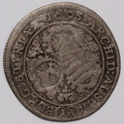 Austrian Empire 1695 3 Kreuzer Leopold I House of Habsburg Graz Mint Silver Coin - Image 3