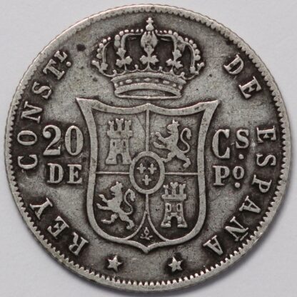 Spanish Philippines 1882 20 Centimos Alfonso XII KM# 149 World Silver Coin - Image 3