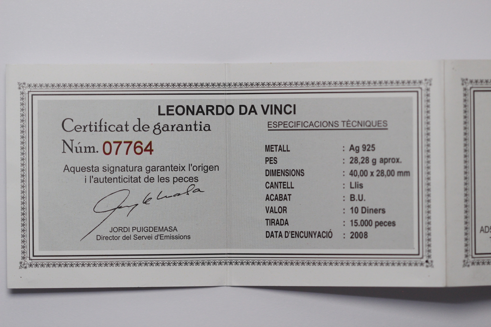 Andorra 2008 10 Diners 10D Leonardo Da Vinci Mona Lisa Vitruvian Man Silver Coin - Image 2