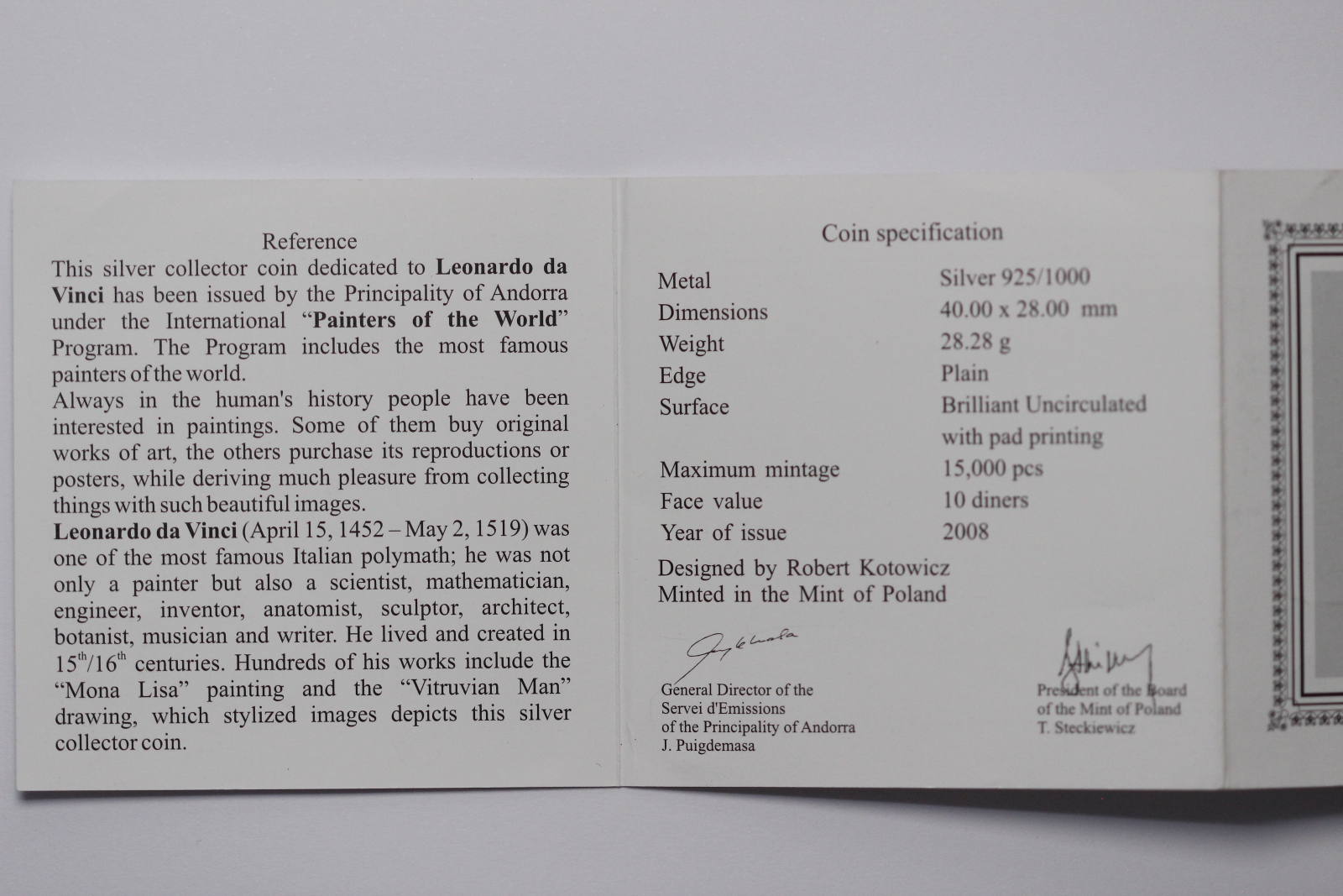 Andorra 2008 10 Diners 10D Leonardo Da Vinci Mona Lisa Vitruvian Man Silver Coin - Image 3