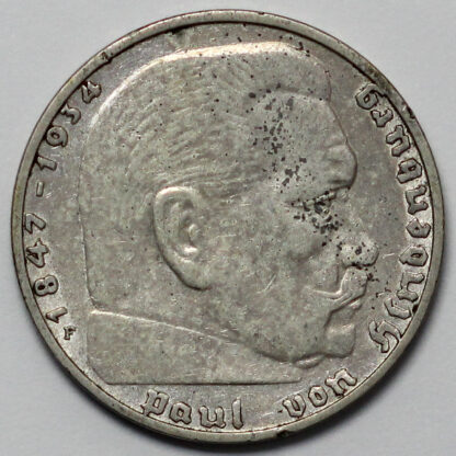 Germany - Third Reich 1937-F 2 Reichsmark KM# 93 Swastika-Hindenburg Silver Coin - Image 2