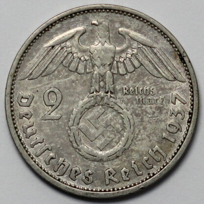 Germany - Third Reich 1937-F 2 Reichsmark KM# 93 Swastika-Hindenburg Silver Coin - Image 3