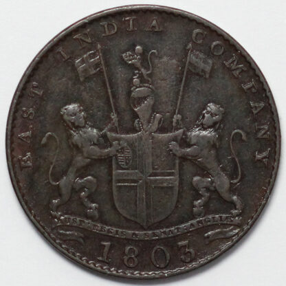 India - British Madras Presidency 1803 10 Cash KM# 319 Copper Coin - Image 2