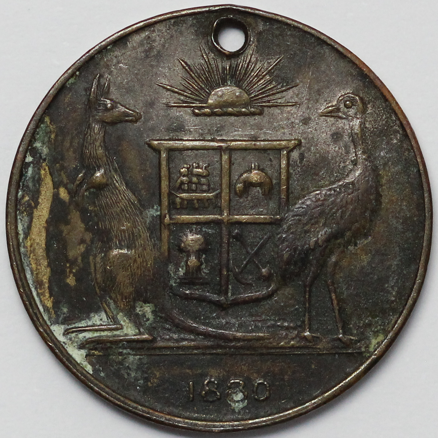 1880-1881 Melbourne International Exhibition Gilded Bronze Medal Coat of Arms - Image 3