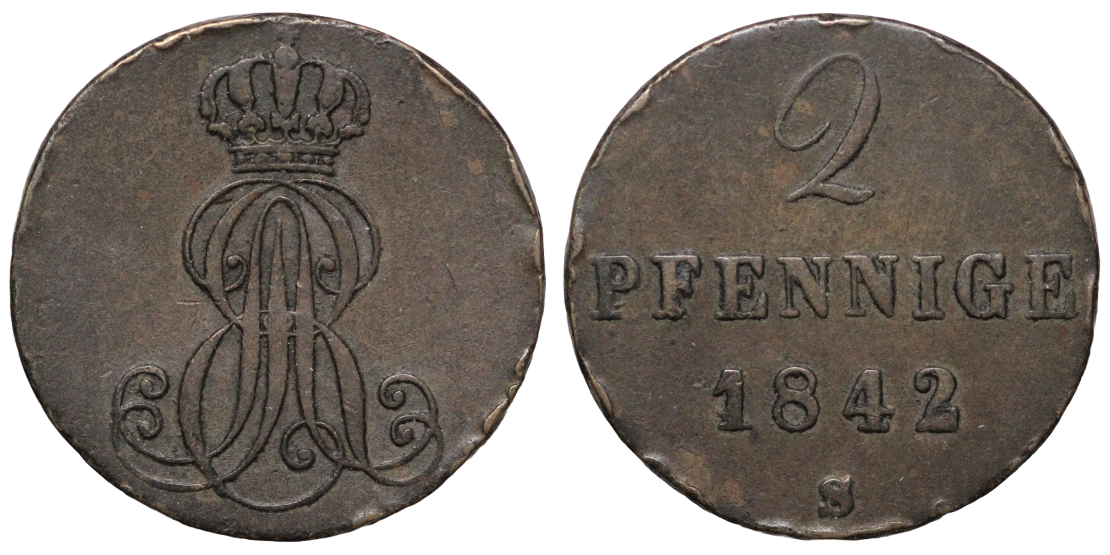 German States Brunswick-Calenberg-Hannover 1842-S 2 Pfennig Copper Coin ...