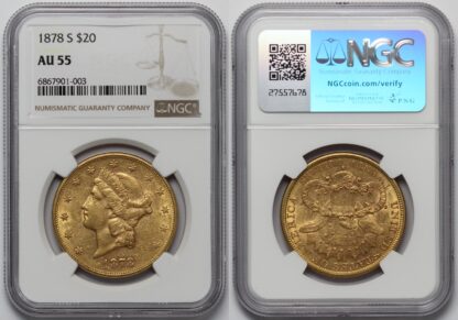 NGC Graded AU55 United States 1878-S Liberty Head Double Eagle $20 Gold Coin - Image 2
