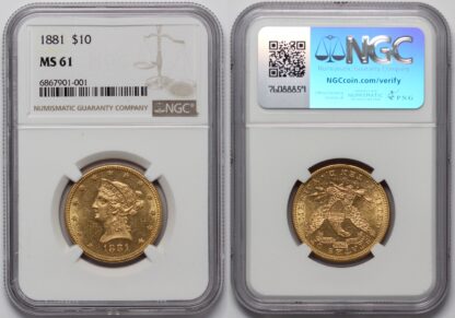 NGC Graded MS61 United States 1881 Liberty Head Eagle $10 Uncirculated Gold Coin - Image 2