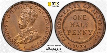 PCGS Graded MS64RB Australia 1928 Halfpenny 1/2D Choice Uncirculated - Rare Date - Image 3