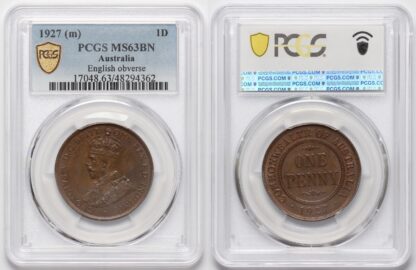 PCGS Graded MS63BN Australia 1927 One Penny 1D English Obverse Uncirculated Coin - Image 3