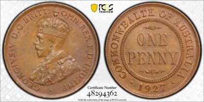 PCGS Graded MS63BN Australia 1927 One Penny 1D English Obverse Uncirculated Coin - Image 2