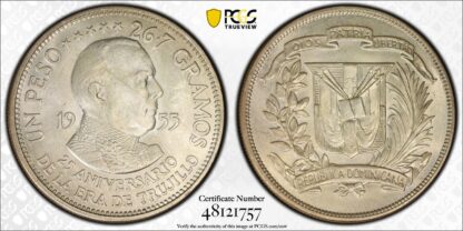 PCGS Graded MS63 Dominican Republic 1955 Peso Trujillo Regime Unc Silver Coin - Image 2