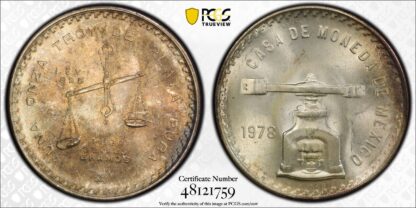 PCGS Graded MS65 Mexico 1978-Mo 1 Onza Scale Type 2 Uncirculated Silver Coin - Image 2