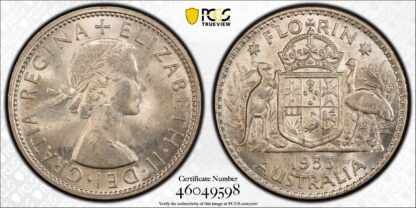 PCGS MS63 Australia 1953 Florin Large Denticles Unc Silver Coin Scarcer Variety - Image 2