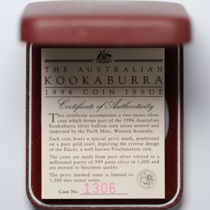 1996 Australian Kookaburra Gold Ducat Privy Mark 2oz Silver Specimen Coin - Image 4